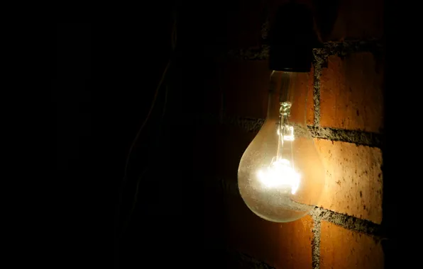 Light bulb, light, wire, brick wall