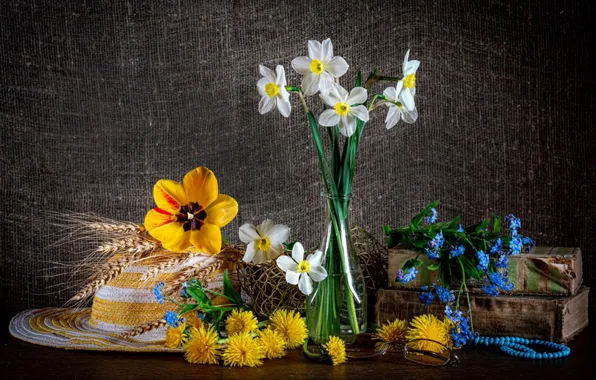Dandelion, Tulip, hat, necklace, spikelets, glasses, Narcissus, forget-me-not