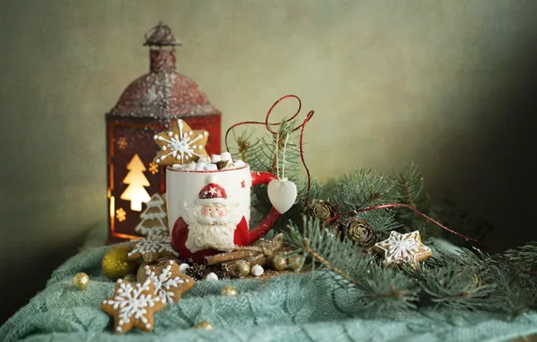 Picture balls, branches, table, toys, cookies, Christmas, mug, lantern