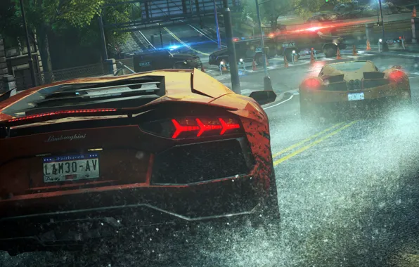 Rain, race, police, Lamborghini, cars, Need For Speed Most Wanted, cars