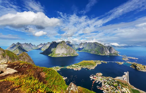 Sea, Islands, clouds, mountains, coast, home, Norway, panorama