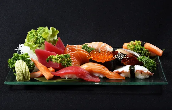 Picture fish, caviar, sushi, shrimp, seafood