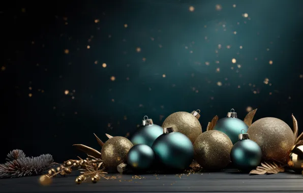 Balls, the dark background, balls, Christmas, New year, blue, gold, blue background