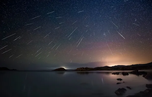 Landscape, night, nature, lake, stones, rocks, glow, horizon