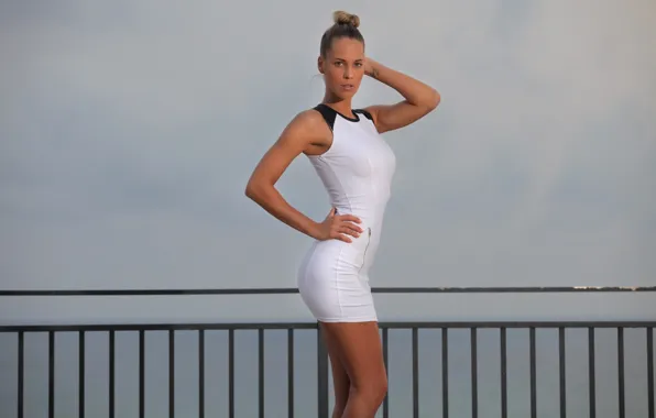 Awesome, cloudy sky, outside, Adele, posing, white dress, beautiful face, outdoors