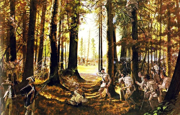 Forest, weapons, oil, picture, soldiers, equipment, canvas, the war for US independence 1775-1783 gg