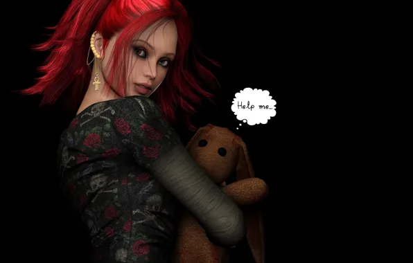 Girl, the dark background, toy, earrings, piercing, red hair