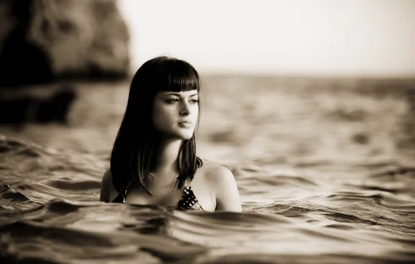Picture sea, black and white, water, girl