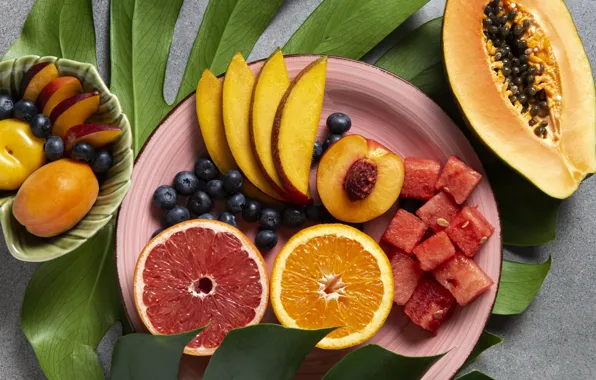 Berries, cubes, leaf, orange, watermelon, blueberries, plate, fruit