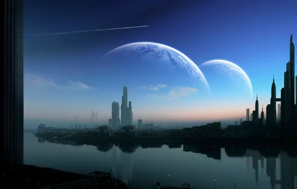 Picture water, the sky, planet, river, clouds, home, the city