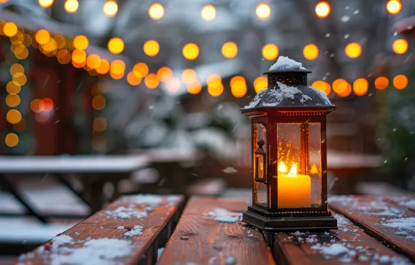 Winter, snow, the city, lights, table, street, Board, the building