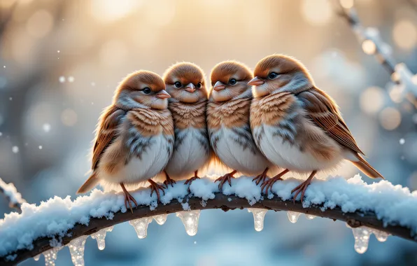Winter, snow, birds, branch, icicles, sparrows, Quartet, AI art