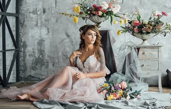 Picture flowers, pose, room, holiday, barefoot, neckline, the bride, beautiful girl