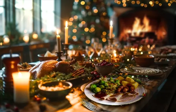 Decoration, lights, holiday, tree, food, candles, New Year, glasses