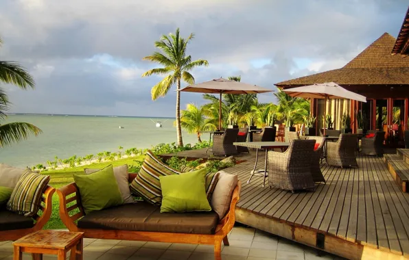 Palm trees, the ocean, the hotel, terrace, resort, Mauritius