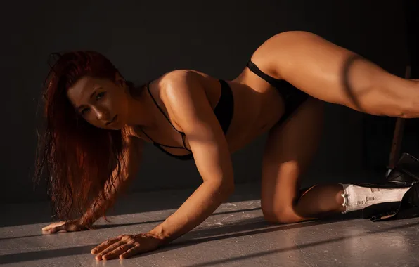 Girl, ass, model, redhead, black lingerie, black panties, hips, boots