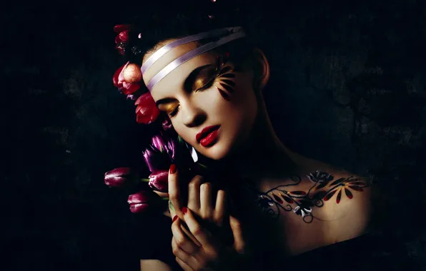 Picture decoration, flowers, face, pose, background, model, portrait, hands