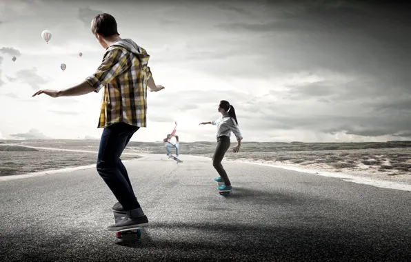 Road, girl, shirt, guy, roads, men, skateboard, skateboard