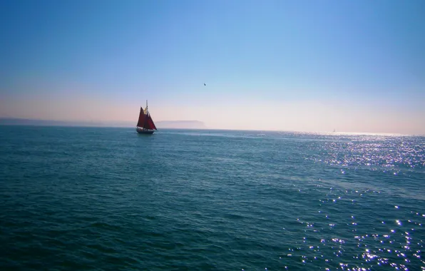 Picture sea, the sun, red, ship, sail