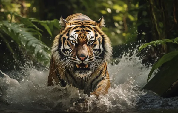 Picture Water, Look, Tiger, Face, Predator, Squirt, Jungle, Digital art