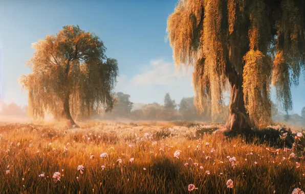 Forest, summer, grass, clouds, trees, landscape, flowers, nature