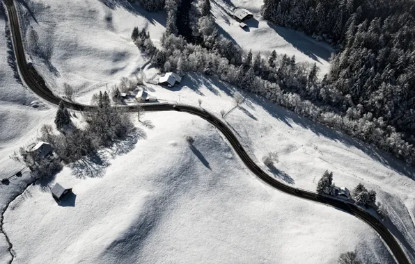 Road, field, snow, view, home, top