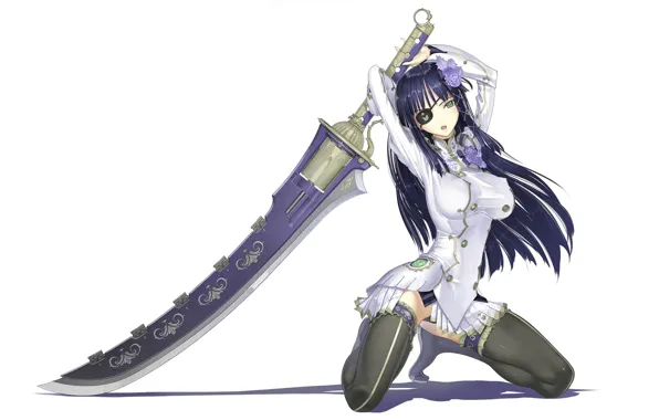 Picture shadow, sword, white background, long hair, art, on my knees, black stockings, eye patch