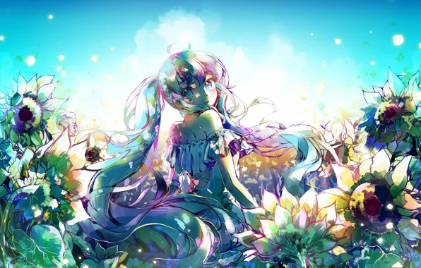 Picture the sky, girl, the sun, clouds, flowers, smile, anime, art