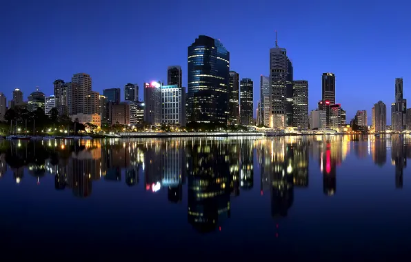 Night, lights, reflection, river, skyscrapers, backlight, Australia, megapolis