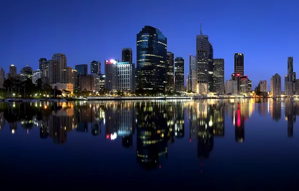 Picture night, lights, reflection, river, skyscrapers, backlight, Australia, megapolis