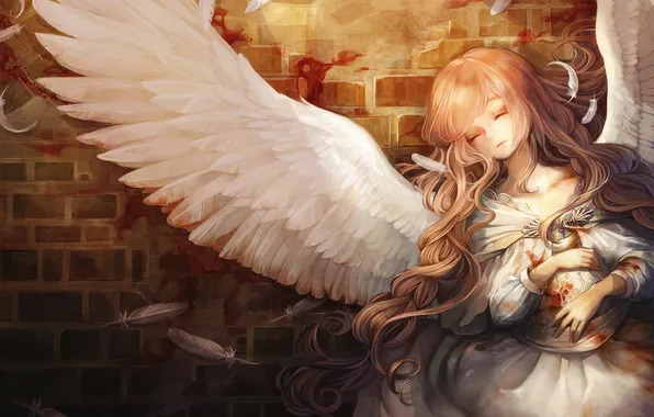 Girl, blood, wings, angel, anime, feathers, art, aka tonbo