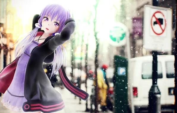 Picture look, girl, snow, the city, smile, mood, dress, vocaloid