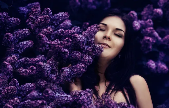 Picture girl, spring, brunette, lilac, happy, chubby