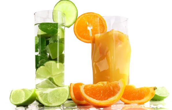 Picture green, ice, leaves, drinks, glasses, lemons, oranges, nutritional drinks