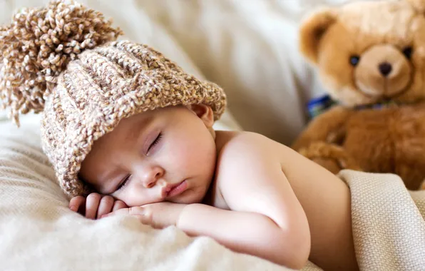 Picture sleep, bear, child, cap, baby, soft toy