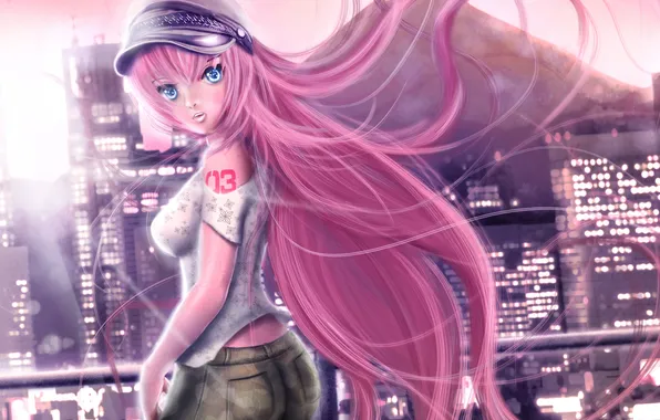 Look, girl, the city, lights, tattoo, hat, Vocaloid, Megurine Luka