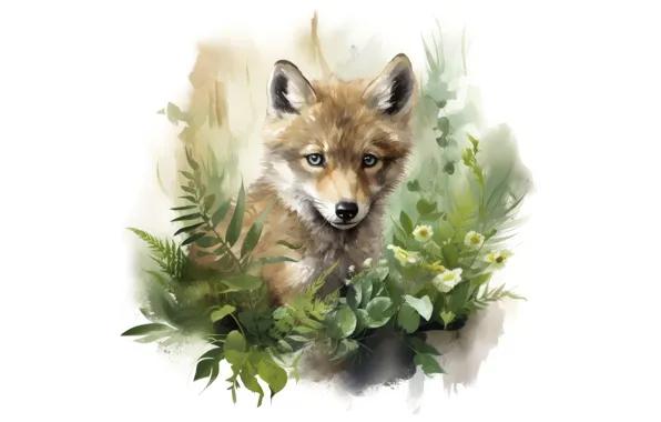 Look, leaves, flowers, watercolor, Fox, white background, painting, face