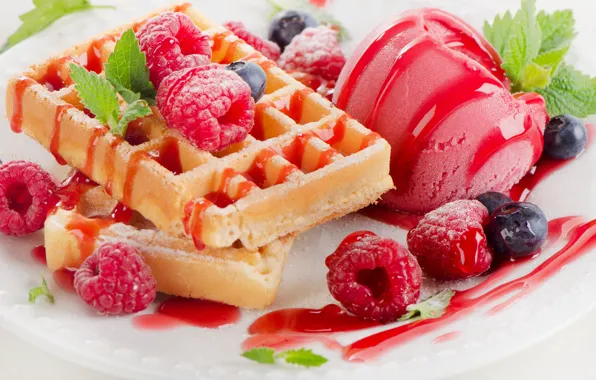 Berries, raspberry, ice cream, dessert, waffles