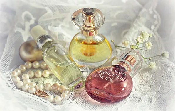 Perfume, pearl, bottles, flavors