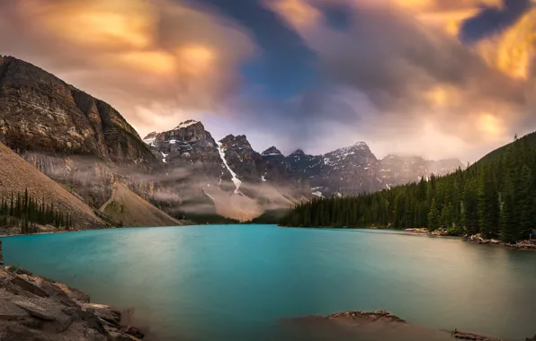 Forest, clouds, mountains, lake, Canada