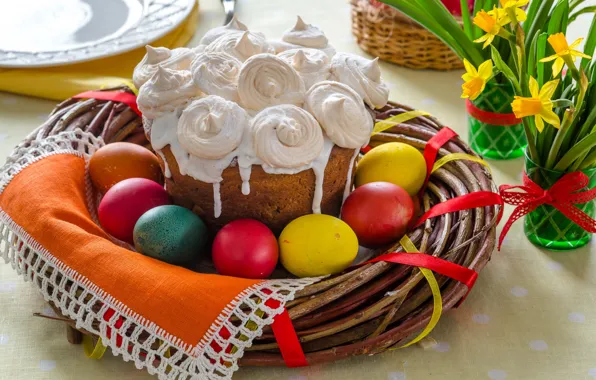 Branches, Easter, cake, daffodils, decor, eggs