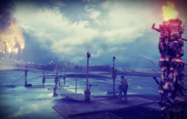 Sunset, Clouds, Lake, Desert, Corpses, Oil, Totem, Postapokalipsis