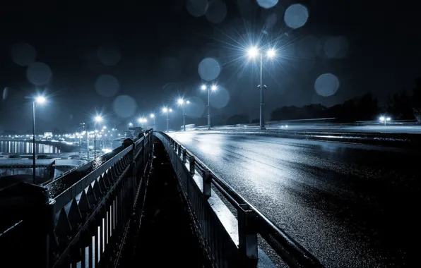 Drops, night, glare, rain, Bridge, lights