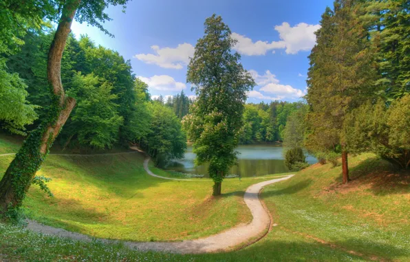 Picture clouds, trees, pond, path