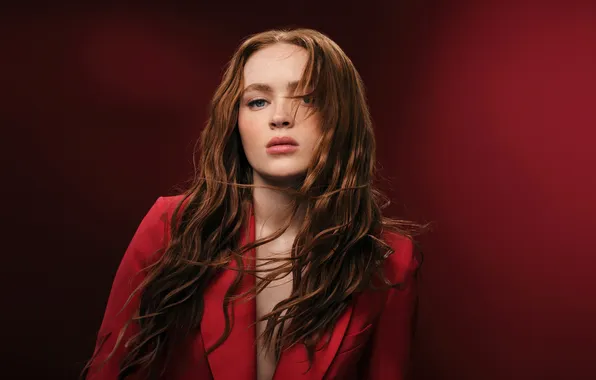 Jacket, Portrait, Makeup, Red Background, American actress, Sadie Sink