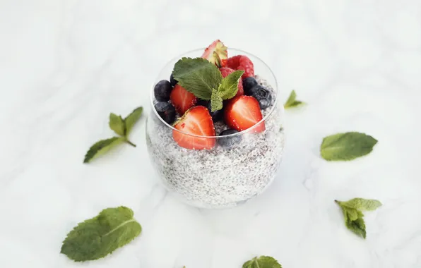 Glass, berries, pudding, Chia