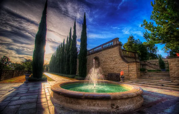 Wallpaper the evening, garden, alley, Villa, fountain, poplar