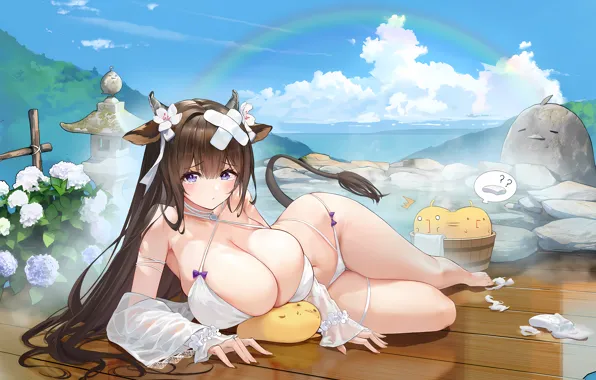 Rainbow, girl, sexy, cleavage, horns, sky, long hair, legs