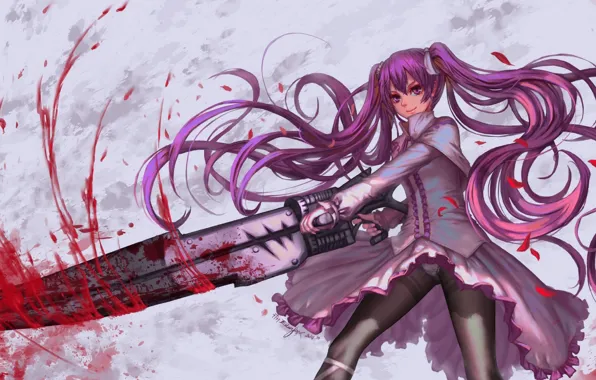 Picture girl, smile, weapons, blood, anime, petals, art, mine