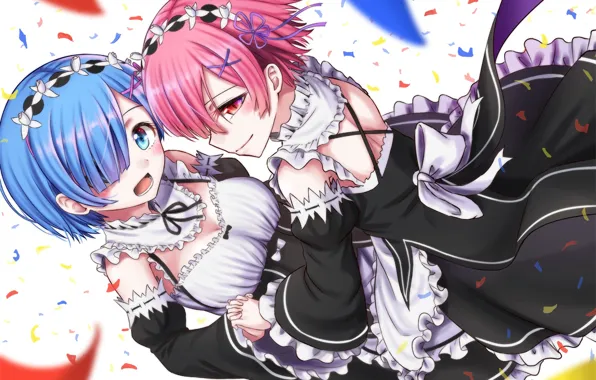 Girls, confetti, anime, art, sisters, ram, rem, re zero kara hajime chip isek or seikatsu